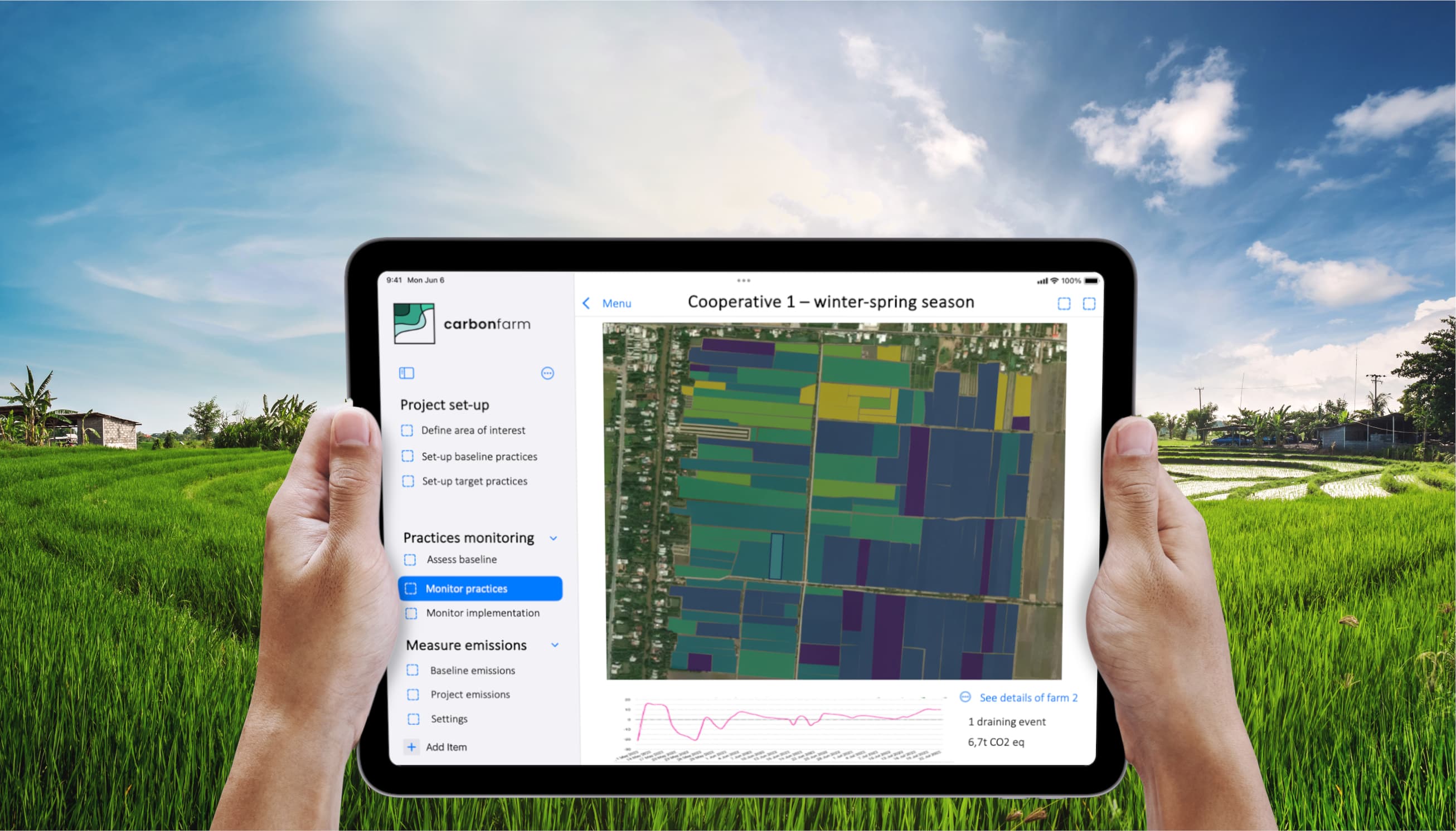 A tablet showing some statistics in front of a rice field